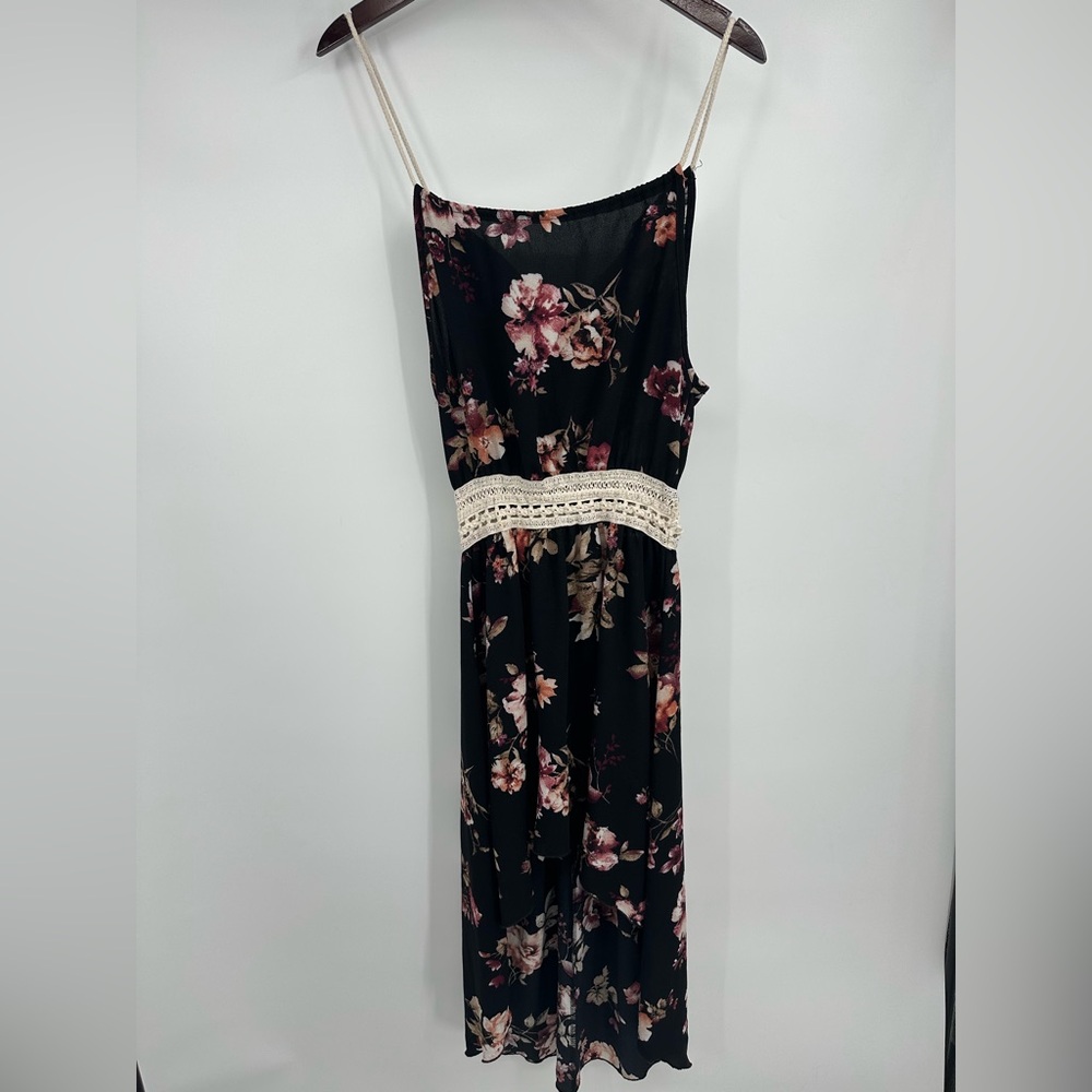 Floral Black Dress with Lace Detail